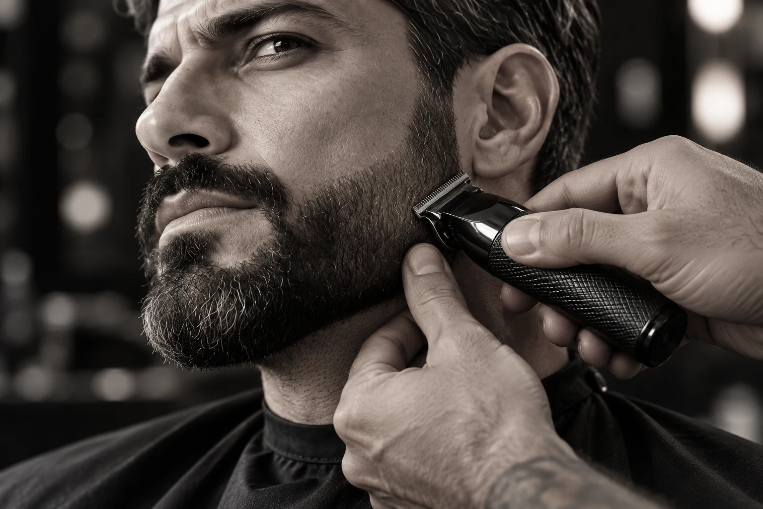 Acabamento profissional dos contornos da barba com aparador de precisão